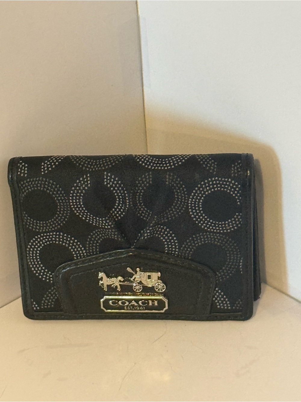 COACH Black Signature Card Holder with Silver Coach Plaque